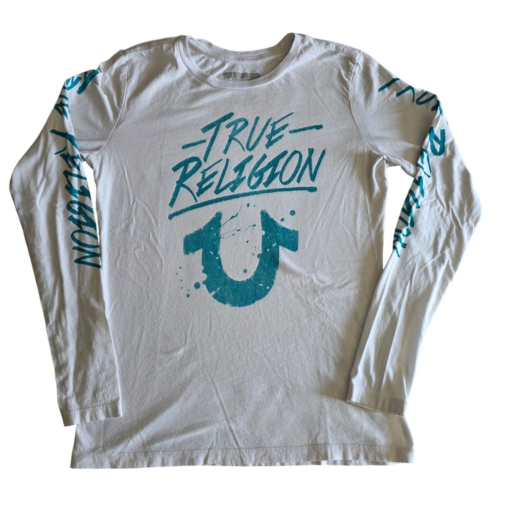 True Religion Long Sleeve Graphic Tee White Teal Logo Small 2010s World Tour